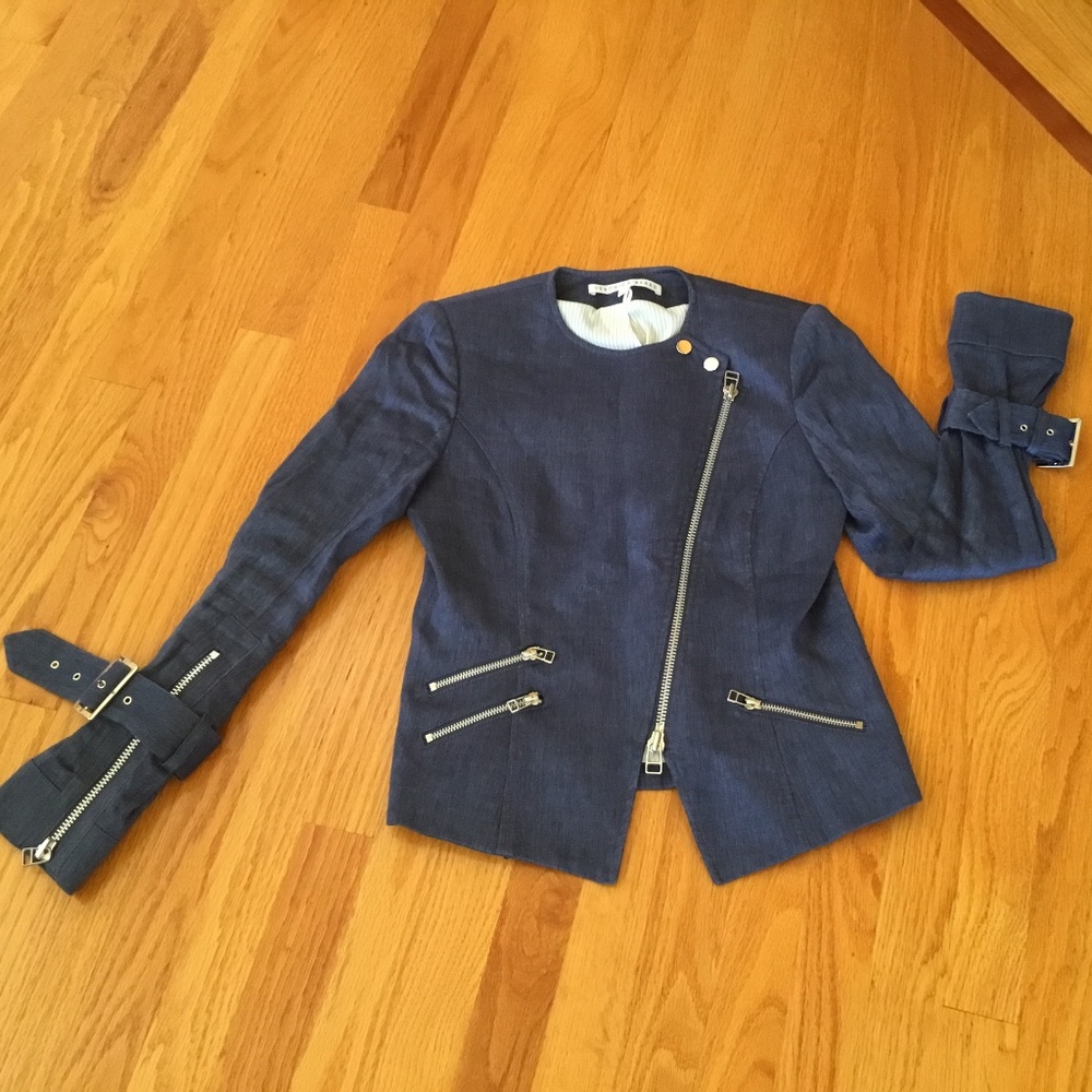 Veronica Beard Navy Blue Asymmetrical Zip Jean Jacket